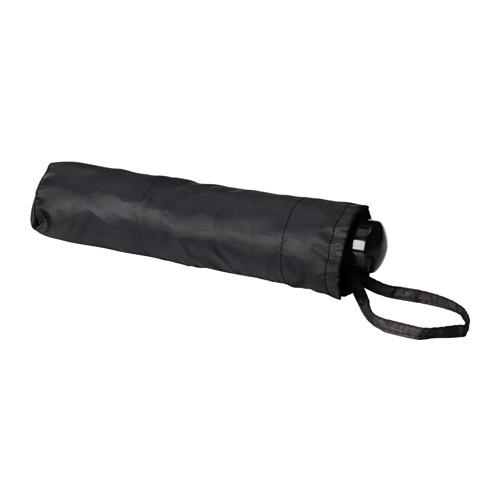 Paraguas negro plegable con correa para la muñeca, compacto para facilitar su transporte en bolsas.