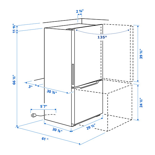 Measurement Illustration - VÄLGRUNDAD bottom-freezer refrigerator