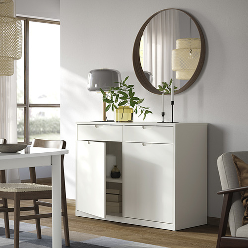 Aparador TONSTAD blanco, diseño moderno, espejo redondo, dos estantes, cajones de cierre suave, plantas, comedor.