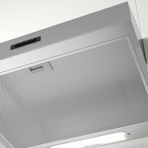 Campana extractora de cocina de acero inoxidable con luz led integrada, panel de control y filtro de malla.