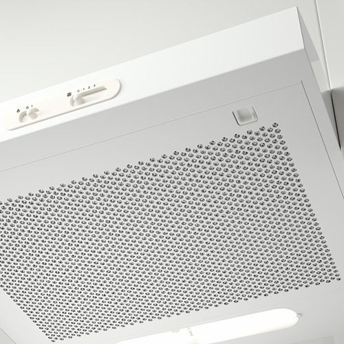 Campana de cocina de pared blanca con panel de control e iluminación led.