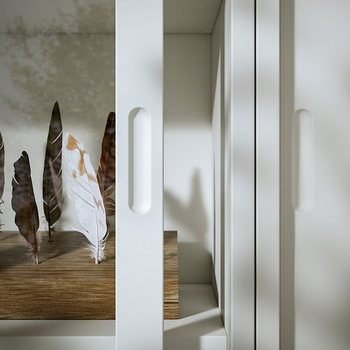 Mueble minimalista de color blanco roto con puertas correderas de aglomerado y pintura acrílica, con un diseño elegante y tiradores integrados.