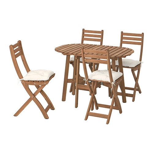 Juego de mesas y sillas de madera para exteriores ASKHOLMEN. Color marrón natural. Cada artículo tiene asientos acolchados. Diseño plegable.