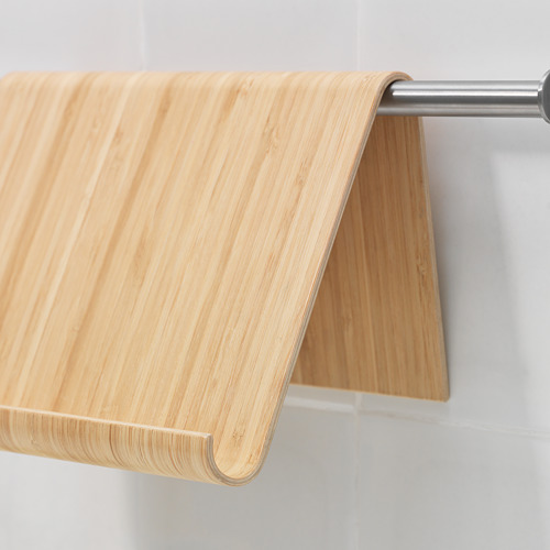 Soporte colgante de madera para libro/tableta, duradero, acabado natural, montado sobre barra metálica.