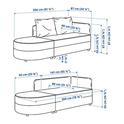 Measurement Illustration - LINDÅKRA 2-seat sleeper sofa