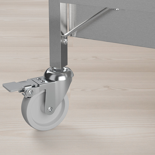 Robusta rueda giratoria de metal unida al carro de cocina. Material de alta calidad para mayor durabilidad y fácil limpieza.