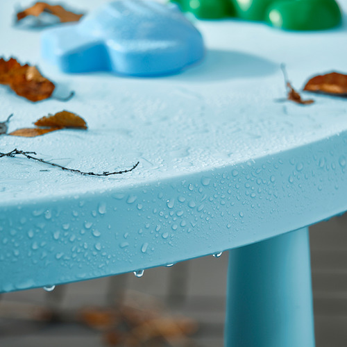 Mesa infantil azul claro con gotas de agua, hojas y asientos parciales.
