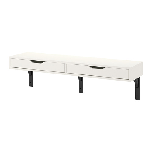 Escritorio de pared blanco con dos cajones y soportes metálicos negros.