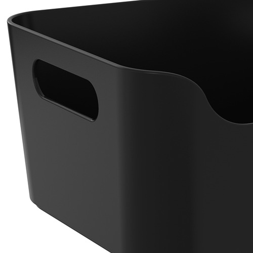 Cubo de almacenamiento de plástico negro con asas rectangulares recortadas, textura suave y esquinas redondeadas.