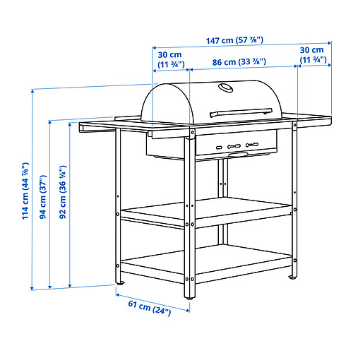 Measurement Illustration - GRILLSKÄR charcoal grill with 2 side tables