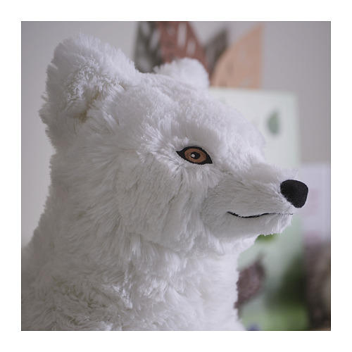 Juguete de zorro ártico de peluche suave, pelaje blanco, ojos oscuros, materiales de alta calidad.