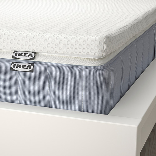 Un primer plano de un colchón enrollado de IKEA con una superficie texturizada blanca y lados azules sobre una estructura de cama blanca.