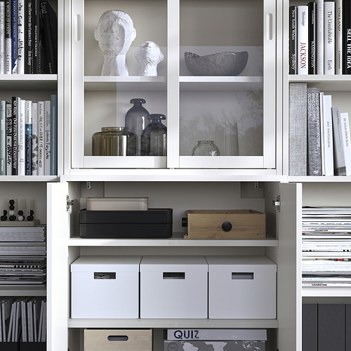 Estantería con puertas de vidrio: blanco, varios libros, jarrones y esculturas exhibidas ordenadamente.