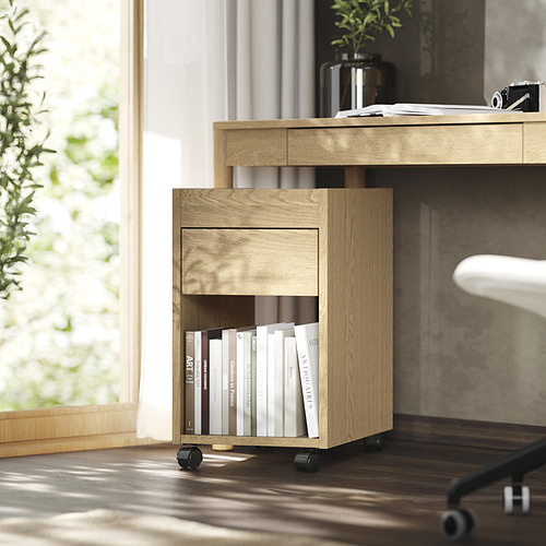 Configuración de oficina en casa con mueble de almacenamiento de roble claro TONSTAD con ruedas, sosteniendo libros debajo de un escritorio de madera con una planta y una cámara.