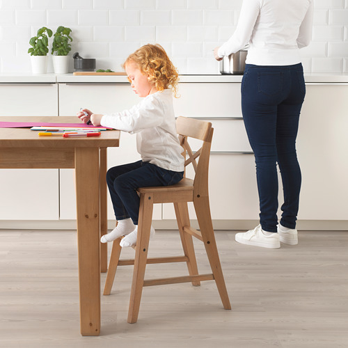 Niño haciendo manualidades en una silla junior en la cocina, un adulto cerca. Seguro para edades de 3+.