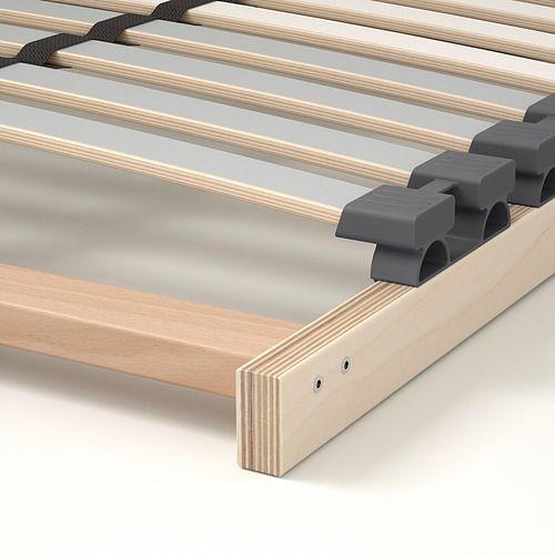Estructura de cama de madera con conectores de madera clara y gris.