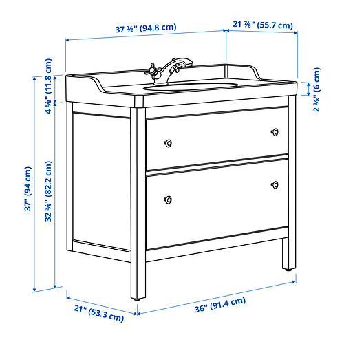 Measurement Illustration - HEMNES/RUTSJÖN Bathroom vanity with sink & faucet