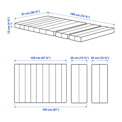 Measurement Illustration - INNERLIG spring mattress for extendable bed
