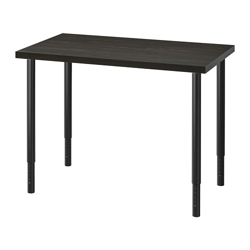 Un moderno escritorio ajustable LINNMON con tapa oscura y patas metálicas en color negro.