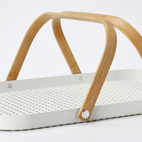 Bandeja de metal blanco con asas de madera. Diseño elegante y moderno. Asas plegadas contra la bandeja.