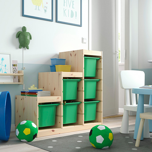 Mueble de almacenaje TROFAST con cajas verdes, marco marrón. Diseño grande, apto para niños y apilable.