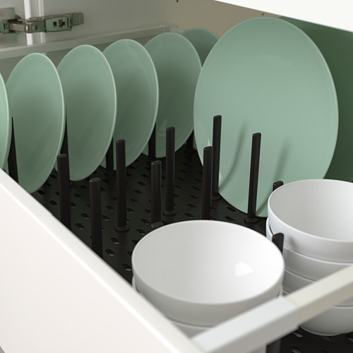 Organizador de cajones de cocina con clavijas ajustables para platos, tazones y tapas.