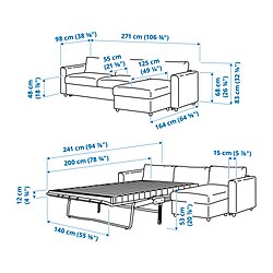 Ilustración de medidas - VIMLE sofá cama 3 plazas con chaiselongue