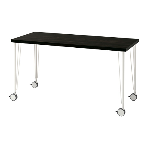 LAGKAPTEN desk: black top, white legs with wheels. Modern, rectangular design.