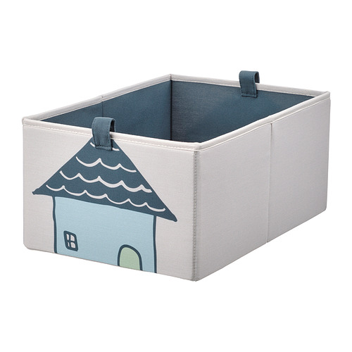 Caja de almacenamiento BARNDRÖM: gris y azul, rectangular, tela, diseño de casa, robusta.