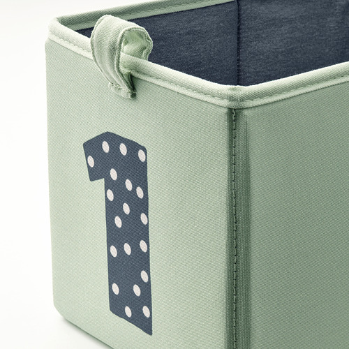 Caja de tela verde con 1 azul, asas, reciclada, duradera.