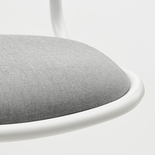 Asiento redondo y moderno para silla de oficina con un elegante borde blanco. Tapizado en tela gris, tiene un aspecto liso y pulido.