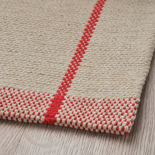 Alfombra de algodón suave, beige con patrón rojo, tejido plano, amigable con los pies.