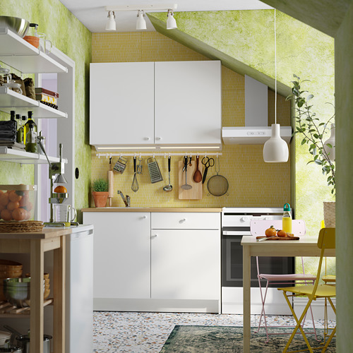 Cocina moderna con gabinetes blancos, detalles amarillos y placa para salpicaduras verde. Las herramientas clave cuelgan de un riel debajo del estante.