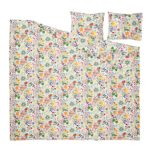 Conjunto nórdico STRANDLUMMER, estampado floral, base blanca, algodón, rectangular con cierre de botón.