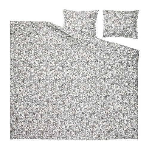 Juego de cama de cachemira con edredón y almohadas, gris, algodón, rectangular, intrincado diseño de remolino.