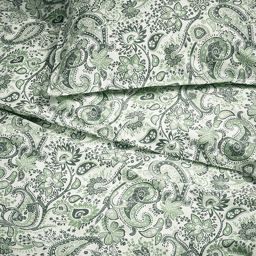 Lujosa ropa de cama de cachemira, patrones verdes nítidos en blanco, mezcla suave de algodón y viscosa.