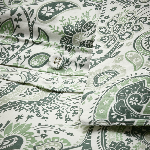 Funda de almohada paisley verde con cierre de botón, confeccionada en algodón transpirable y mezcla de viscosa suave.
