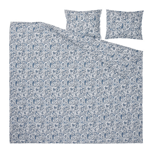Juego de ropa de cama RODGERSIA: estampado paisley azul sobre blanco. Incluye edredón y 2 fundas de almohada. Mezcla de algodón y viscosa.