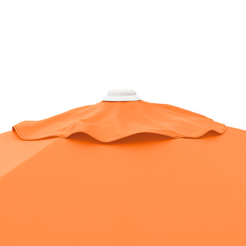 Sombrilla de color naranja brillante con bordes festoneados y mango blanco, cerrada y expuesta sobre fondo blanco.