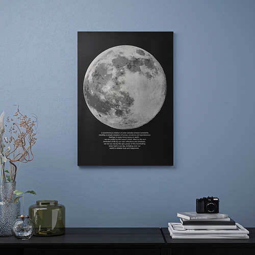 Póster negro con una gran luna blanca cuelga en la pared azul junto a una estantería con libros y jarrones.