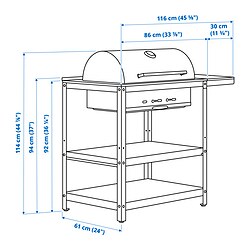 Measurement Illustration - GRILLSKÄR charcoal grill with side table
