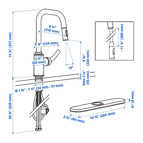 Measurement Illustration - TAKSJÖN pull out kitchen faucet with spray
