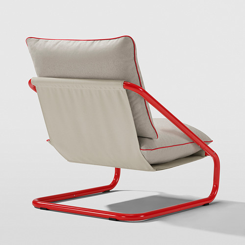 Sillón de estructura roja con cojines beige, diseñado para la comodidad y el estilo moderno.