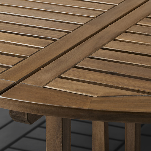 Primer plano de la elegante superficie de madera de acacia con listones de las mesas NÄMMARÖ, que muestra su acabado suave y duradero y su elegante diseño.