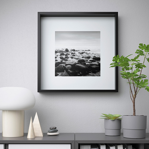 Marco moderno con foto costera en blanco y negro, lámpara, plantas y protección.