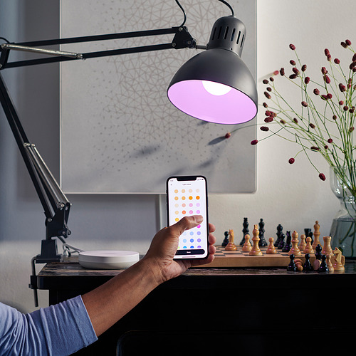 Una persona controla una lámpara a través de una aplicación de teléfono inteligente, cambiando su color, junto a un tablero de ajedrez y flores.
