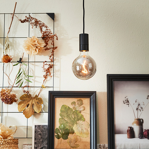 Una habitación acogedora, con una bombilla colgante con vidrio ahumado, que emite una luz cálida, y rodeada de flores secas enmarcadas y arte botánico.