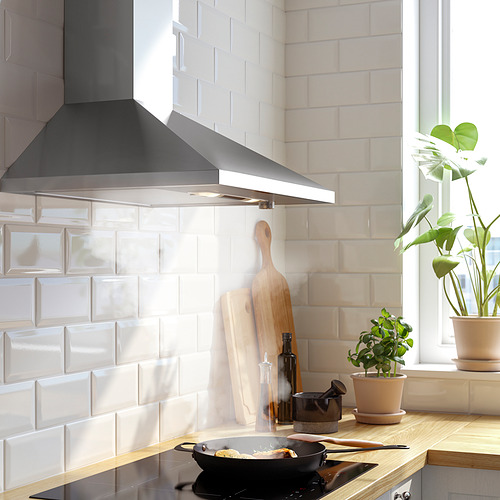 Cocina moderna con campana extractora de acero inoxidable, encimera de madera, plantas y sartén.