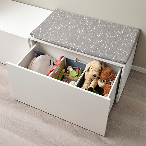 To-box blanco con cojín de puntos gris. Almacena juguetes de peluche, libros y animales de peluche. Plegable para ahorrar espacio.