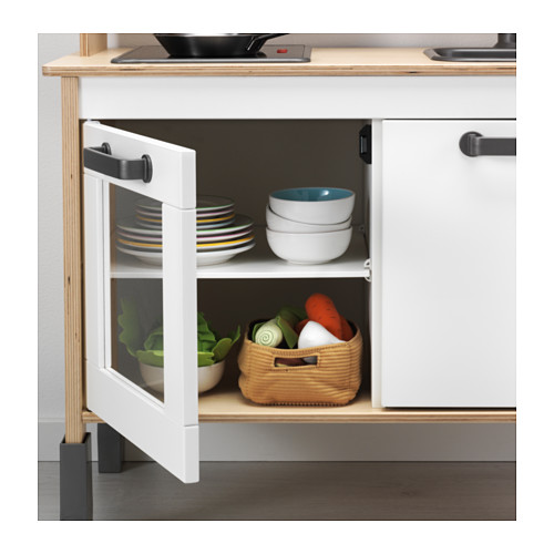 Juegue a la cocina con platos, tazones, verduras, estante ajustable, estufa realista y fregadero para cocinar de simulación.